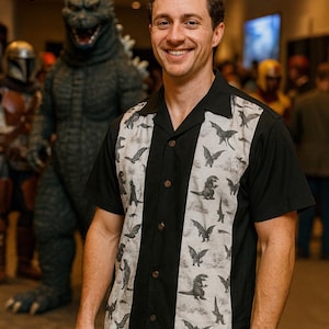 King of Monsters Men’s Panel Shirt – Handmade Cotton Kaiju Bowling Shirt with Coconut Buttons, Sizes S–6XL