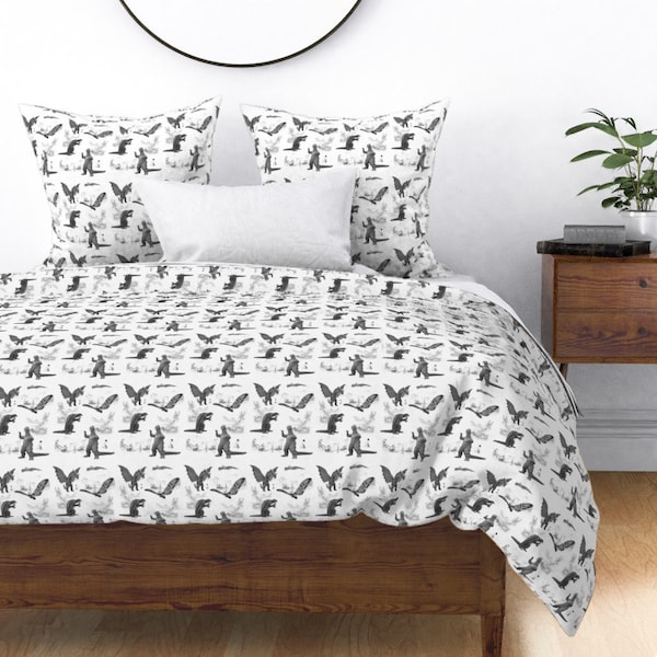 Godzilla, Mothra, King Ghidorah, and Gamera Duvet Cover, Twin Queen King,  Godzilla Bedding, 100% Cotton Sateen, Vintage Godzilla Toile