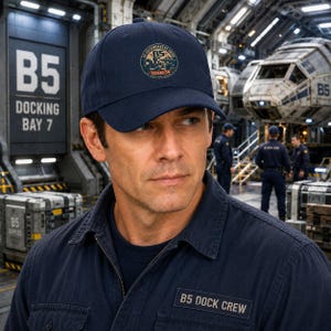 May include: A navy blue baseball cap featuring a circular patch on the front. The patch displays the text B5 DOCKWORKERS UNION LOCAL 14 and an illustration of a worker. The cap has a structured crown and a curved brim, made of solid fabric.