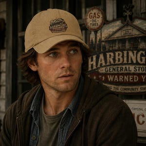 May include: A tan baseball cap featuring a circular logo on the front panel with the text Harbinger's General Store Warned You. The cap has a structured crown, a curved brim, and a fabric strap closure at the back for an adjustable fit.