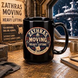 May include: Black ceramic mug with a large circular graphic that reads "Zathras Moving & Heavy Lifting." The mug also features the text "Ten Brothers. One Job. Always. Zathras Carry. Zathras Always Carry."