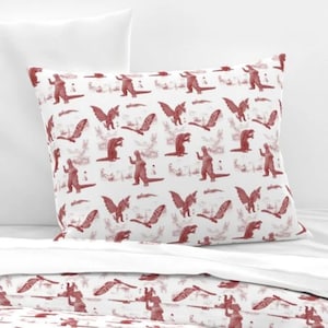 Godzilla, Mothra, King Ghidorah, and Gamera,  Standard Pillow Sham, Knife Edge or Flanged, 100% Cotton, Godzilla and Friends Toile Print