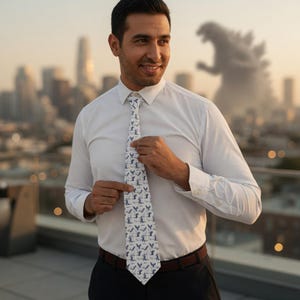 May include: A white tie with a repeating pattern of blue Godzilla figures. The tie is worn with a white dress shirt and black pants. The background features a city skyline and a blurred image of Godzilla.