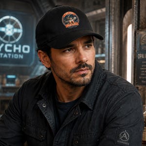 May include: A black baseball cap featuring a circular patch on the front with the text Tycho Brew Works and an illustration of a space station. The cap has a structured crown and a curved brim, constructed from a solid black fabric material.