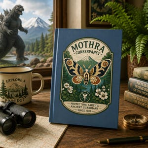 May include: A blue hardcover book titled Mothra Conservancy featuring a large moth illustration, white flowers, and a mountain graphic. The text reads Protecting Earth's Ancient Guardians Since 1961. The book is surrounded by binoculars, a mug, and books.
