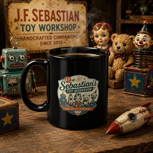 May include: A black coffee mug with the text "Sebastian's Toy Workshop" and various toy illustrations. The mug is on a wooden surface, surrounded by vintage toys, including a robot, teddy bear, and a rocket ship.