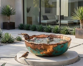 Copper Bird Bath | Handmade Freeform Garden Water Bowl, Verdigris Patina Outdoor Bird Bath, Luxury Modern Landscape Decor