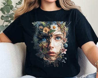 Koszulka z motywem kwiatowym w stylu boho: bawełniana koszulka typu ring-spun inspirowana sztuką