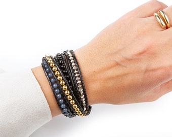 Leather Wrap Bracelet: Czech Beads, Boho Chic Jewelry
