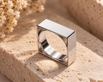 Silver Square Ring, Sterling Silver Modern Geometric Band, Minimalist Unisex Stackable Ring