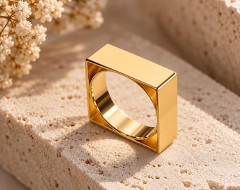 Gold Plated Square Ring, Sterling Silver Modern Geometric Band, Minimalist Stackable Statement Ring