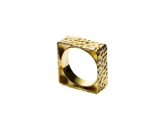 Gold Plated Square Ring: Hammered Sterling Silver Statement Band