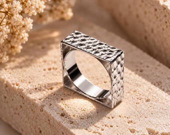 Hammered Silver Square Ring Sterling Textured Band, Unisex Modernist Statement Ring