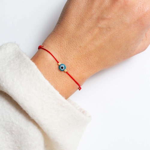 thumbnail image 2 of Hand Braided Lucky Red String Charm Bracelet - With Blue Evil Eye Bead - Unisex 2 of 3