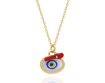 Gold Evil Eye Necklace: Ceramic Nazar Amulet, Handmade Protection Pendant