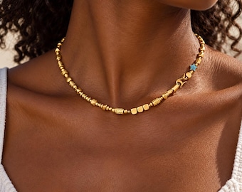 Gold Bead Choker Necklace, Turquoise Evil Eye, Star, Horseshoe, Cross Charm, Gift for Her