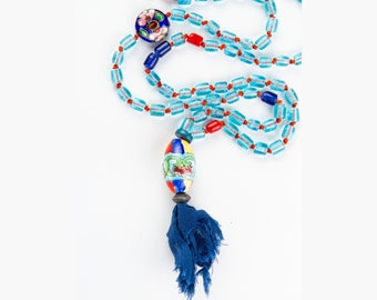 Boho Beaded Tassel Necklace: Long Resin Mala Beads, Bohemian Jewelry