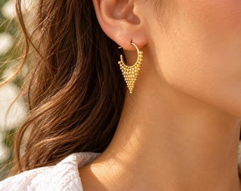 Gold Grape Cluster Hoop Earrings, 22K Gold Plated Sterling Silver Beaded Drop Hoops