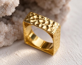 Hammered Gold Square Ring Plated Sterling Silver Textured Band, Unisex Modernist Statement Ring
