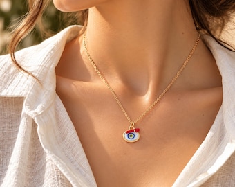 Evil Eye Necklace, Gold Plated Silver Chain , Minimalist, Chic, White, Litght, Dark Blue, Turquoise