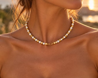 Pearl Gold Nugget Necklace, 22K Plated Beaded Choker, Everyday Statement Jewelry, Gift for Her