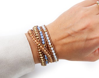 Boho Leather Wrap Bracelet: Czech Glass Beads & Gold Nuggets