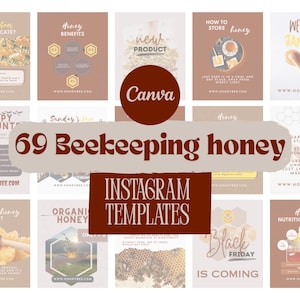 Puede incluir: Un conjunto de 69 plantillas de Instagram para contenido relacionado con la apicultura y la miel. Las plantillas presentan varios diseños con texto como "Honey Benefits", "How to Store Honey" y "Black Friday is Coming". La paleta de colores incluye tonos marrones y beige.