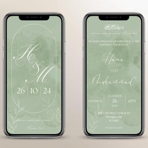 May include: A digital wedding invitation with a green watercolor background. The invitation features the couple's names, "Hana and Muhammad", the date "October 26, 2024", and the time "6 PM".