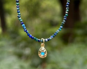 Handmade Beaded Charm Navy Blue Necklace l Lapis Lazuli Turquoise Gold Gemstone Choker | Crystal Necklace l Jewellery Gift For Her