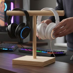 May include: A wooden headphone stand displaying two headphones. One black headphone with a blue light and one white headphone with an orange light. The stand is made of light-colored wood and sits on a wooden desk.