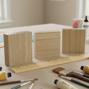 Puede incluir: Tres bloques de madera sin terminar, una regla, tubos de pintura y pinceles sobre una superficie de tono neutro. Los bloques son rectangulares y tienen una veta de madera natural. La escena sugiere un proyecto de artesanía o arte.