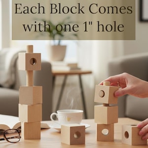 Cubos de madera natural con agujeros, bloques de madera grandes para enhebrar, bloques de manualidades, bloque de juguete de madera de 2,25 pulgadas con agujero, juego de 5 bloques para decoración del hogar