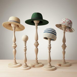 May include: Five hats displayed on wooden hat stands. The hats include a straw sun hat, a green fedora, a striped knit cap, a floral print hat, and a hat with a decorative band. The stands are made of light-colored wood.