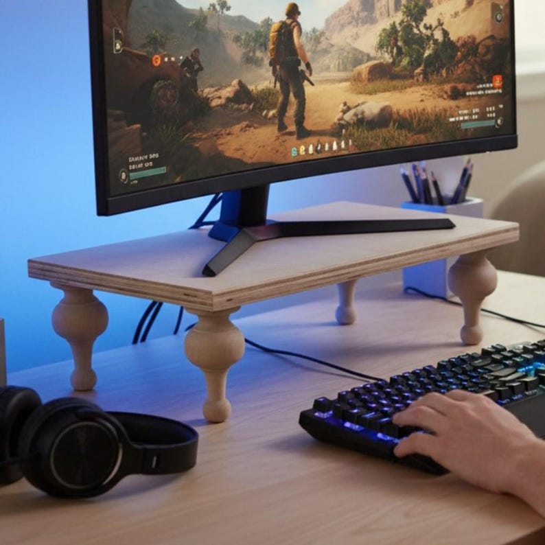 Op de afbeelding: Een lichtgekleurde houten monitorstandaard met vier decoratieve, gedraaide poten. De standaard is rechthoekig en ondersteunt een zwarte computermonitor met een videogame. Een zwart toetsenbord en een koptelefoon zijn ook zichtbaar.
