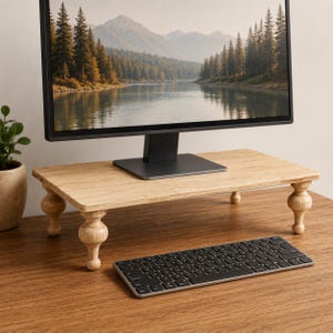 Op de afbeelding: Een lichtgekleurde houten monitorstandaard met gedraaide poten. Een zwart computertoetsenbord staat voor de standaard. Een computermonitor toont een landschapsbeeld. De standaard staat op een houten bureau.