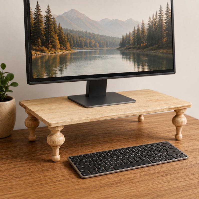 Op de afbeelding: Een lichtgekleurde houten monitorstandaard met gedraaide poten. Een zwart computertoetsenbord staat voor de standaard. Een computermonitor toont een landschapsbeeld. De standaard staat op een houten bureau.