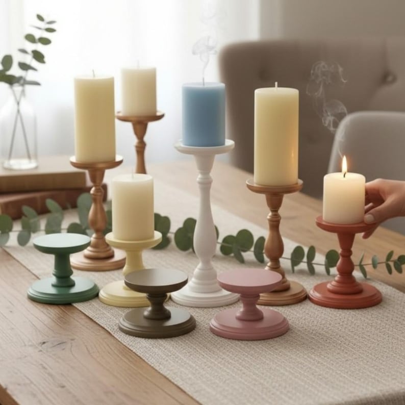 Wooden Pillar Stand Decorative Pedestal Table Accent Rustic Style Modern Farmhouse Decor Piece Handmade Handpainted Candle Holder Bathroom image 1