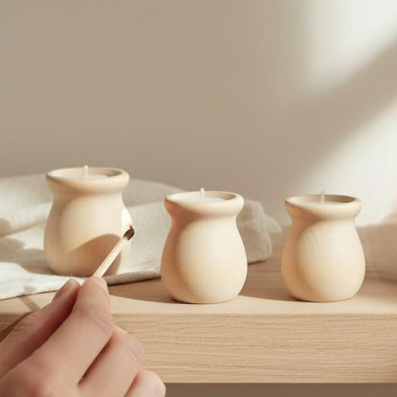 May include: Three beige, jar-shaped candles sit on a wooden shelf. A hand holds a lit match near one candle. The candles have a smooth, rounded design and a small wick at the top. The background is a neutral color.