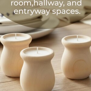 May include: Three wooden candle holders with white candles, set on a wooden surface. The candle holders are light brown and have a rounded shape. Text on the image says "Stylish Wooden Accents to elevate your living room, hallway, and entryway spaces."