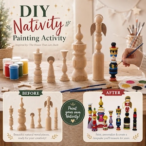 May include: A DIY Nativity painting activity set featuring unfinished wooden figures, paint pots, and brushes. The image displays unpainted wooden shapes alongside a painted figure, with text labels reading DIY Nativity Painting Activity, Before, and After.
