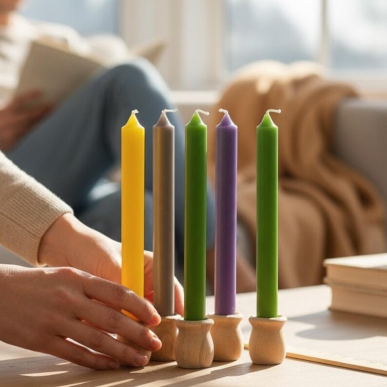 May include: A collection of six colorful taper candles in yellow, brown, green, purple, and green, each in a wooden holder. The candles are arranged on a wooden surface. The scene is lit by natural light.