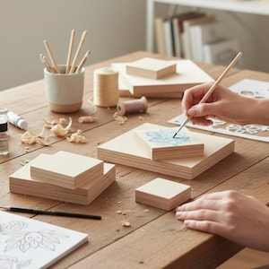 May include: A wooden craft project in progress, featuring various sized square wooden blocks. A person is painting a blue floral design on one of the blocks with a paintbrush. Other supplies include paint, pencils, and spools of thread.