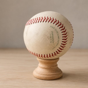 May include: A white baseball with red stitching resting on a light-colored wooden pedestal. The ball features printed text that reads SOLID CORK COMPOSITION CENTER DURACOVER 5 OZ 9 IN. The surface of the baseball shows signs of wear and light scuffing.