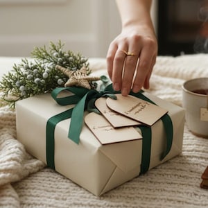 Puede incluir: Una caja de regalo cuadrada envuelta en papel color crema liso, atada con una cinta de sat&eacute;n verde oscuro. El paquete est&aacute; decorado con una rama de follaje verde, una peque&ntilde;a estrella tejida y tres etiquetas de madera arqueadas con texto.