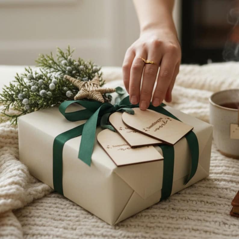 Puede incluir: Una caja de regalo cuadrada envuelta en papel color crema liso, atada con una cinta de sat&eacute;n verde oscuro. El paquete est&aacute; decorado con una rama de follaje verde, una peque&ntilde;a estrella tejida y tres etiquetas de madera arqueadas con texto.