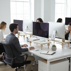 Op de afbeelding: Kantooromgeving met meerdere computermonitoren op houten standaards. Mensen werken aan witte bureaus. De monitoren zijn zilver en zwart. De standaards hebben gedraaide houten poten. Een kleine potplant staat op een bureau.