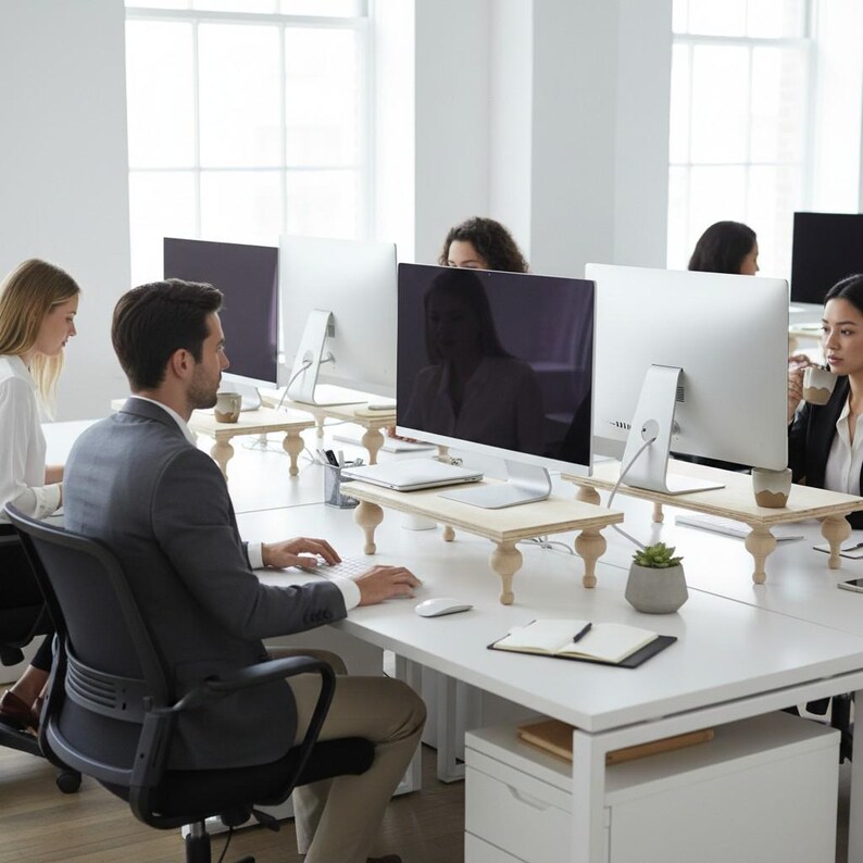 Op de afbeelding: Kantooromgeving met meerdere computermonitoren op houten standaards. Mensen werken aan witte bureaus. De monitoren zijn zilver en zwart. De standaards hebben gedraaide houten poten. Een kleine potplant staat op een bureau.