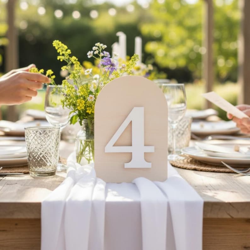 Puede incluir: Un letrero de madera clara en forma de arco para n&uacute;mero de mesa con un gran n&uacute;mero cuatro blanco en relieve. El letrero est&aacute; colocado sobre una mesa con un camino de mesa blanco, un florero de vidrio con flores silvestres amarillas.