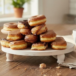 May include: A selection of glazed doughnuts with chocolate and vanilla icing, presented on a white, wooden tiered serving stand. The doughnuts are golden brown with various toppings. Crumbs are scattered on the wooden surface.