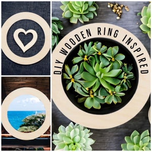May include: A DIY wooden ring inspired by succulents. The ring is made of natural wood and has a black background with white text that reads "DIY WOODEN RING INSPIRED".